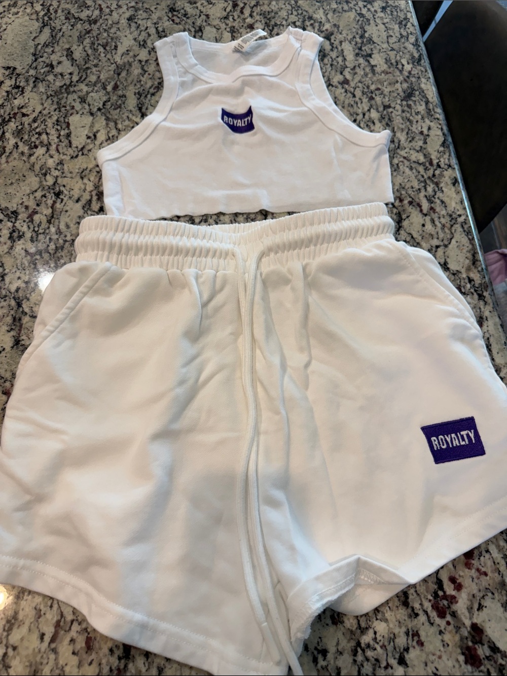 Royalty For Me White Crop Tank Top & Shorts Set with Purple Logo